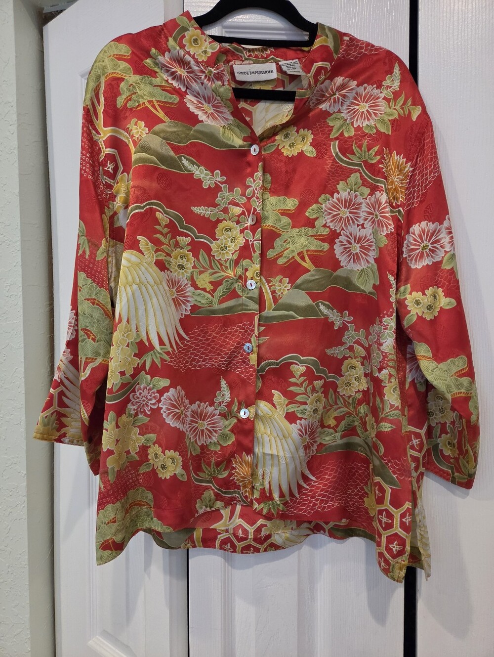 Vintage 100% Silk Red Crane Print Kimono-Style Blouse